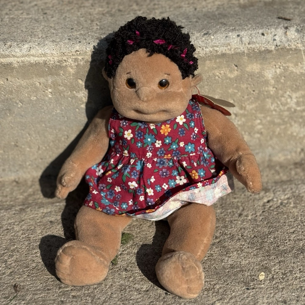 VTG Ty Beanie Kids African American Doll with Flowered Dress 10.5" 2002